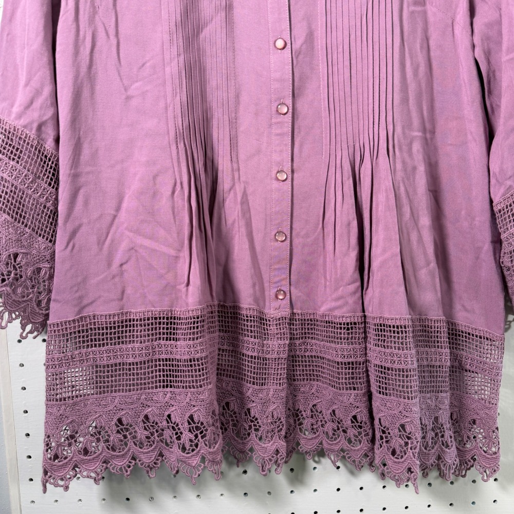 Coldwater Creek Purple Pintuck Crochet Lace Trim Rayon Button Front Tunic Top M - Picture 4 of 11